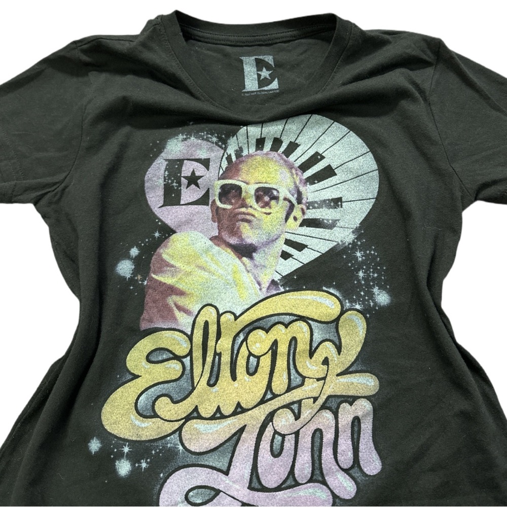 ELTON JOHN official 2021 women's black graphic baby tee, S.